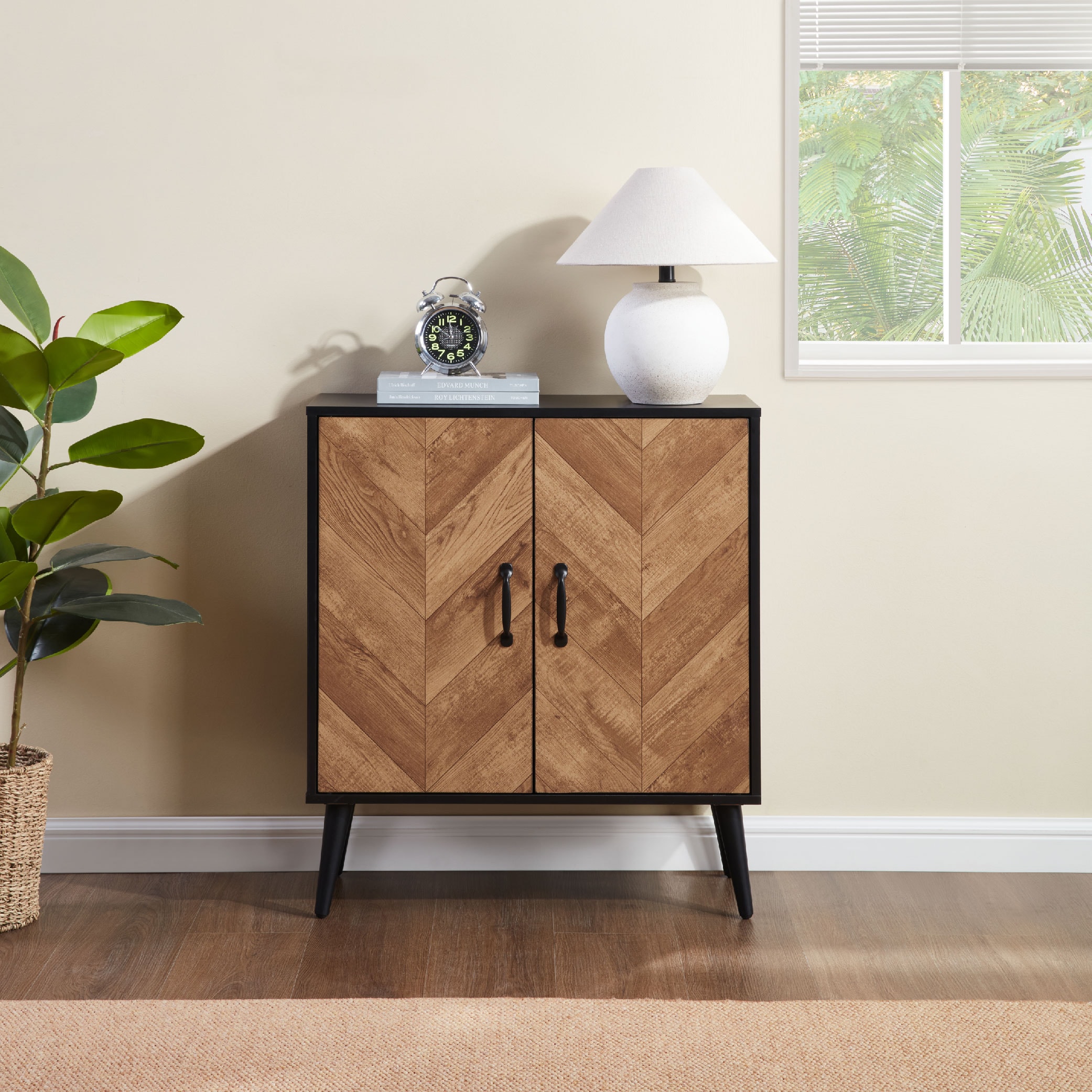 Accent Cabinet With Adjustable Shelf, Kitchen Storage Cabinet With Herringbone Design, Black Sideboard For Living Room, Kitchen, Entryway_voghion.com